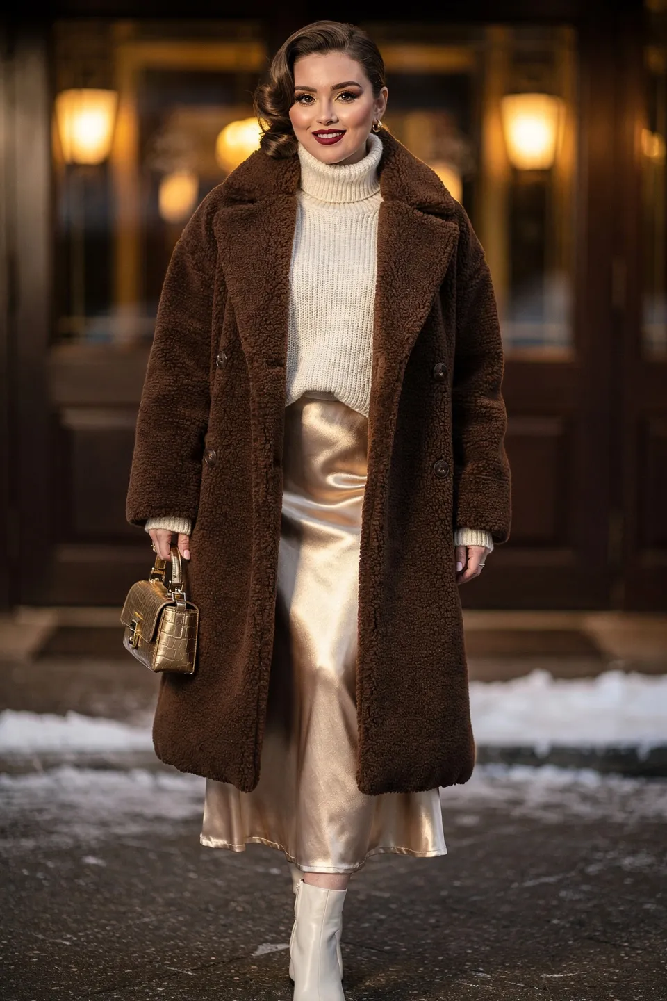 Chocolate Teddy Coat and Satin Skirt Look
