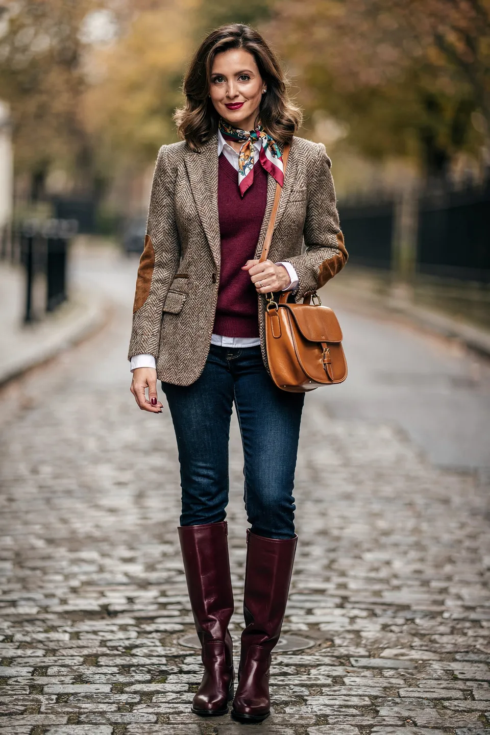 Herringbone Blazer and Burgundy Boots Look