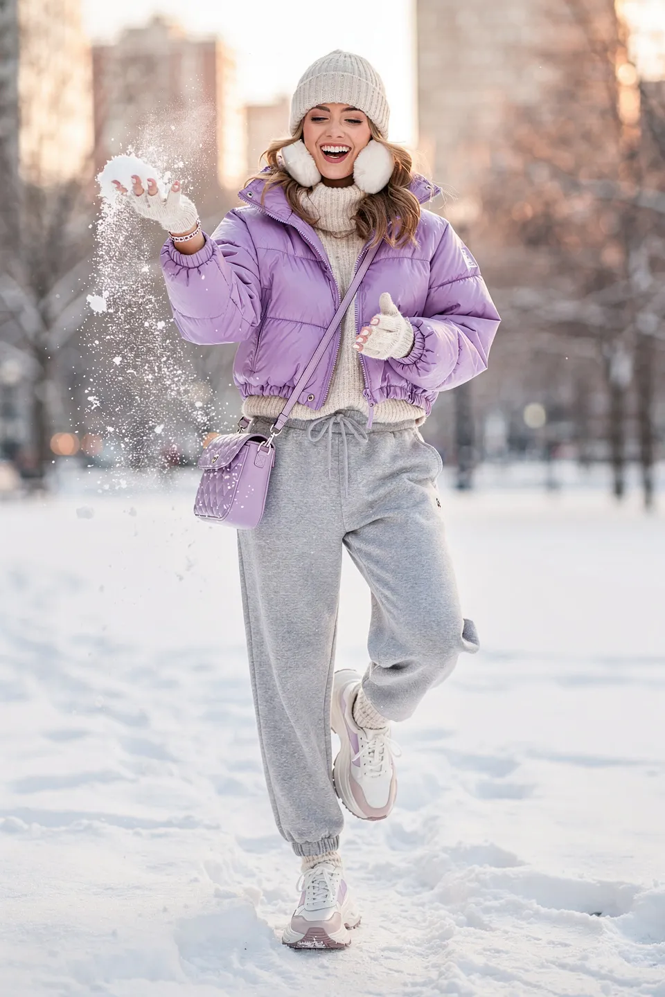 Lavender Puffer Jacket Snow Day Look