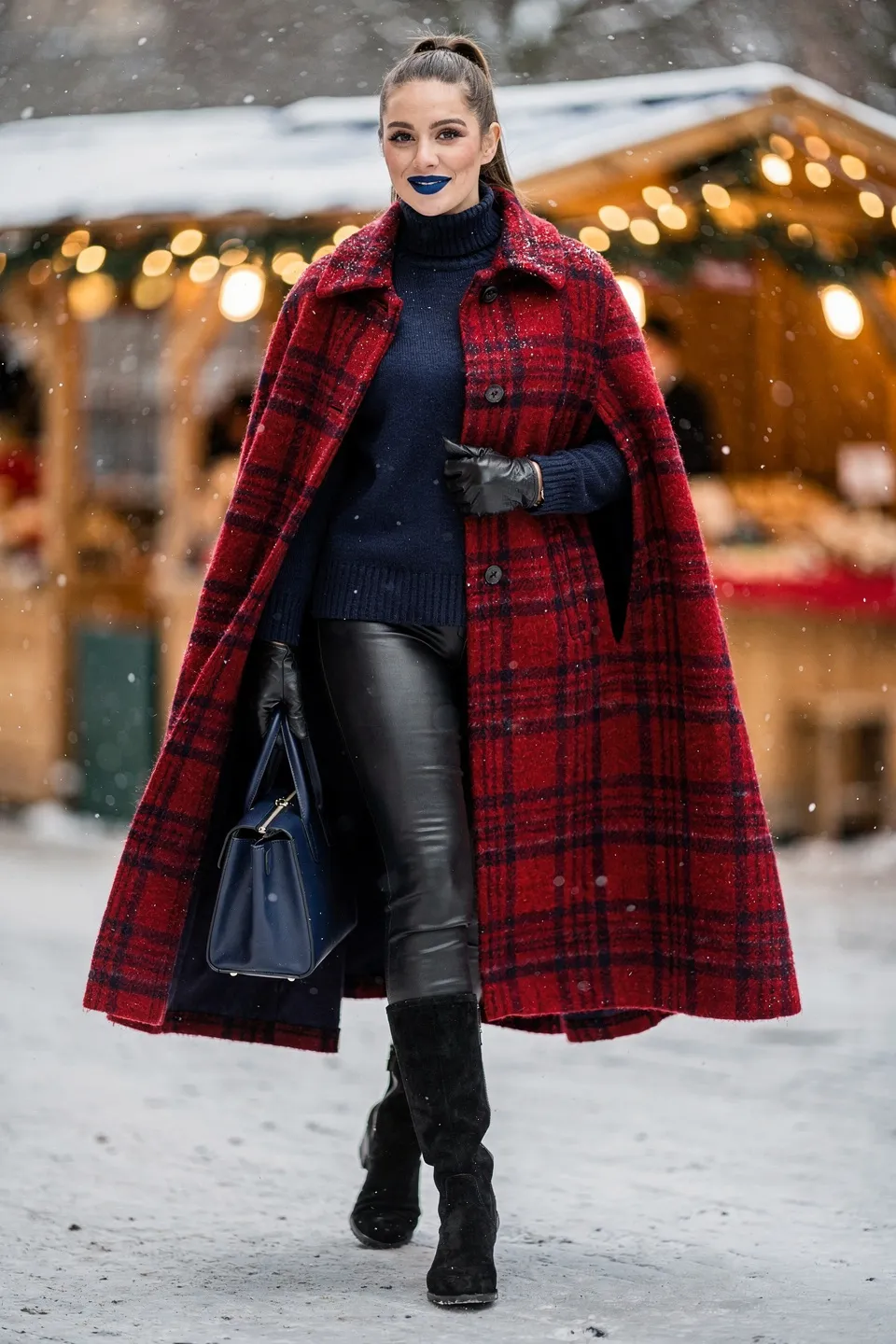 Red Plaid Cape and Leather Leggings Look
