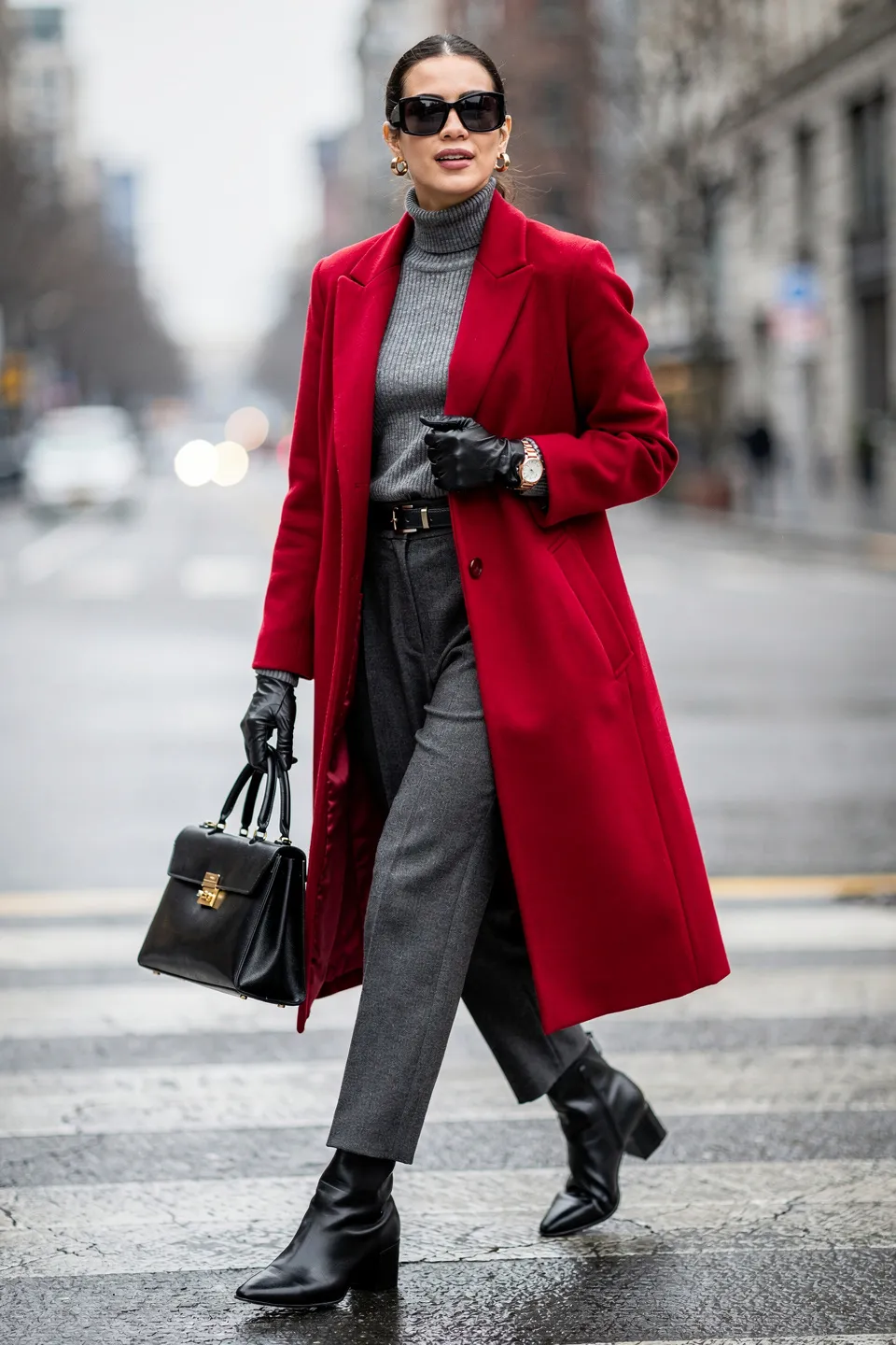 Red Wool Long Coat with Grey Turtleneck and Black Leather Accessories