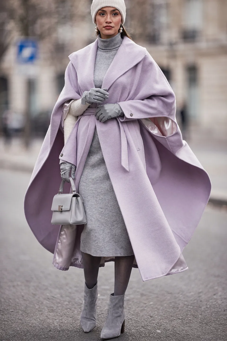 Lavender Wool Cape Coat with Grey Knit Dress and Suede Ankle Boots