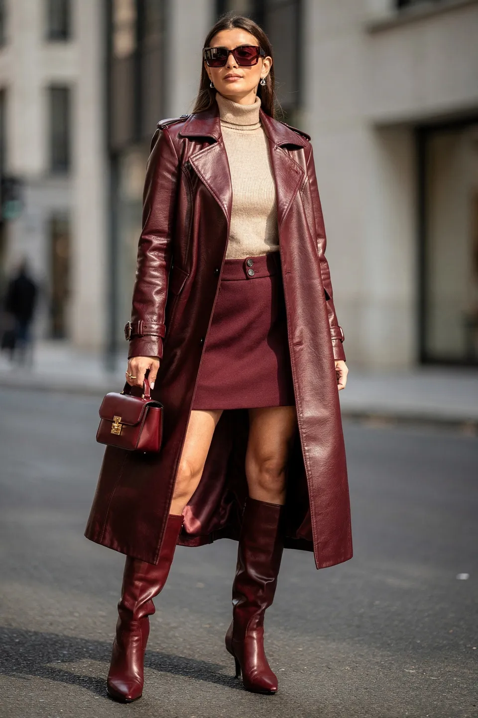 Wine Leather Long Trench Coat with Beige Turtleneck and Burgundy Knee High Boots