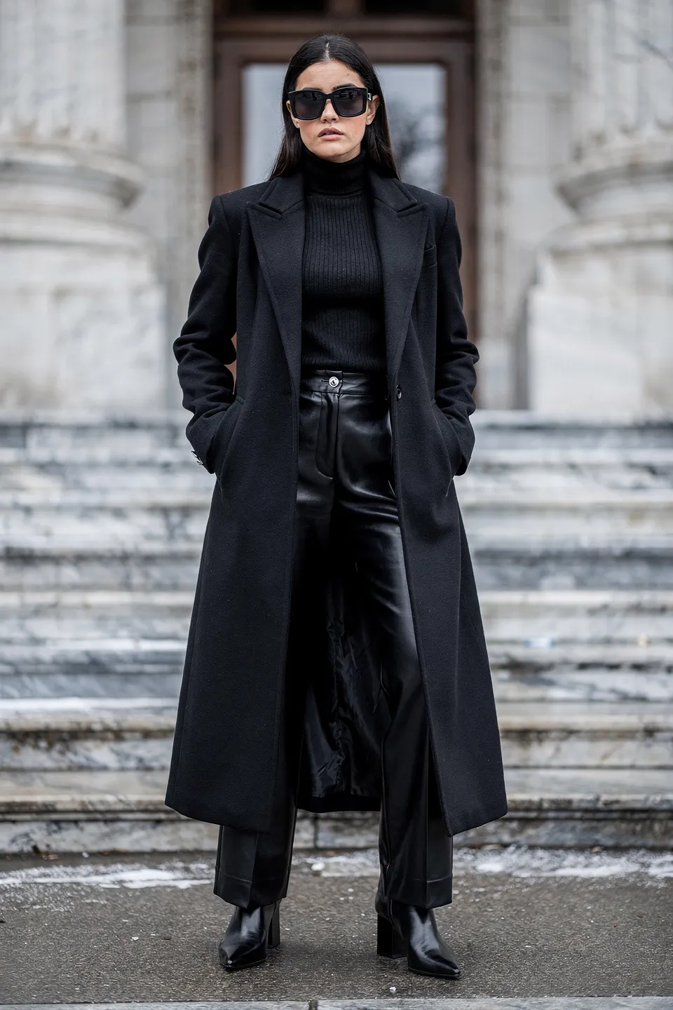 Black Structured Long Coat with Leather Trousers and Black Turtleneck