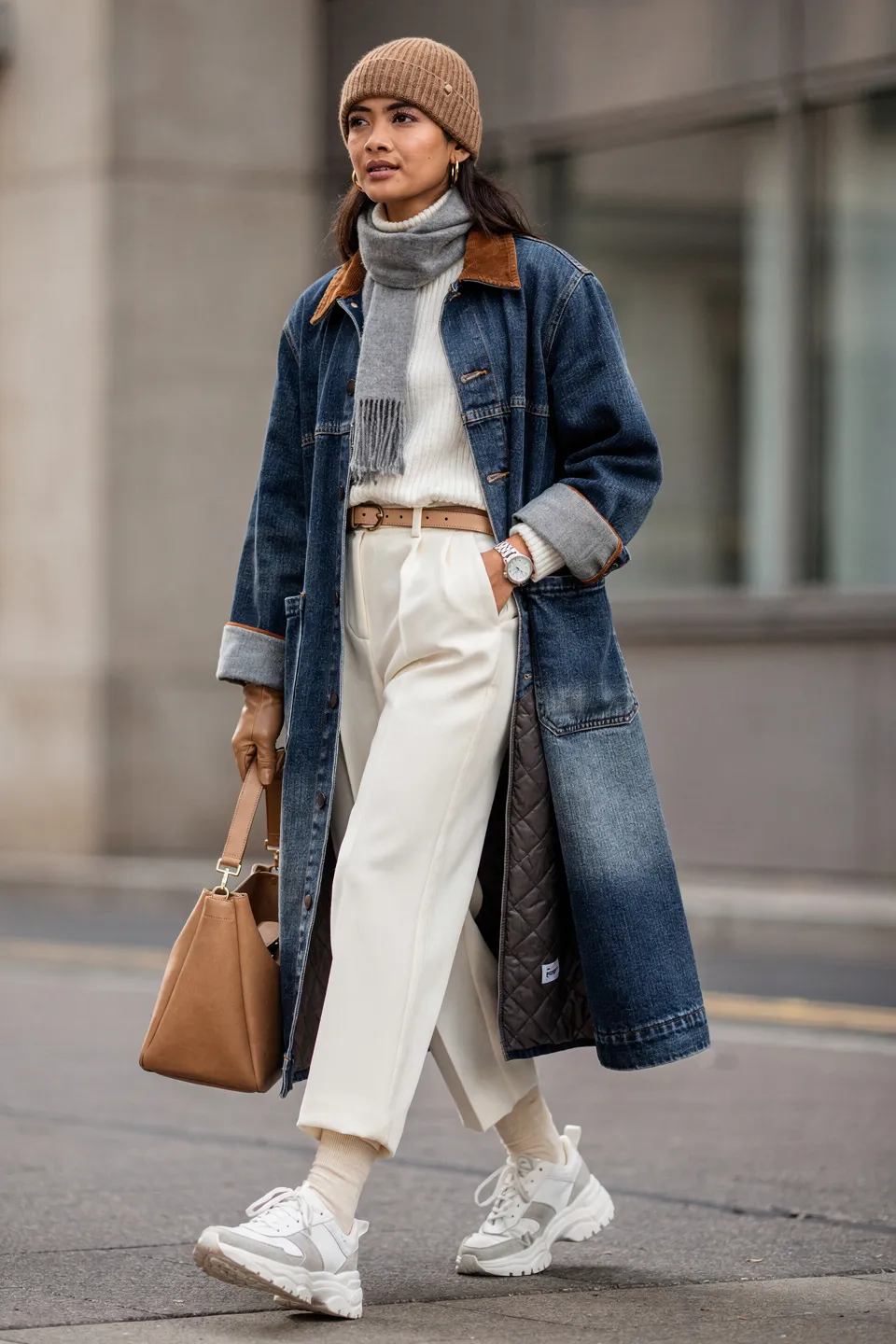 Long Denim Coat with Corduroy Collar, Cream Trousers and White Sneakers