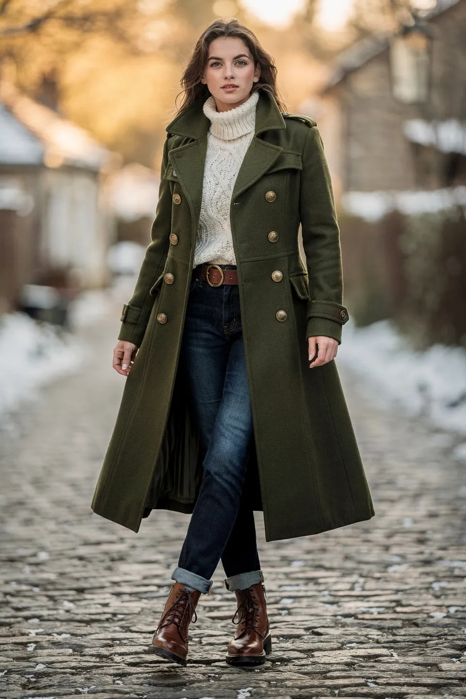 Olive Military Style Long Coat with Cream Cable Knit and Dark Denim