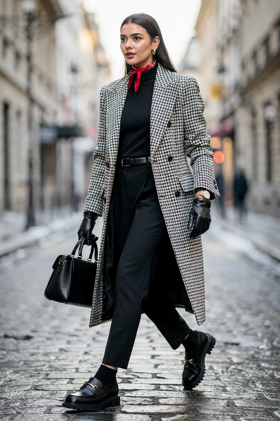 Black and White Houndstooth Long Coat with Red Neck Scarf and Black Loafers