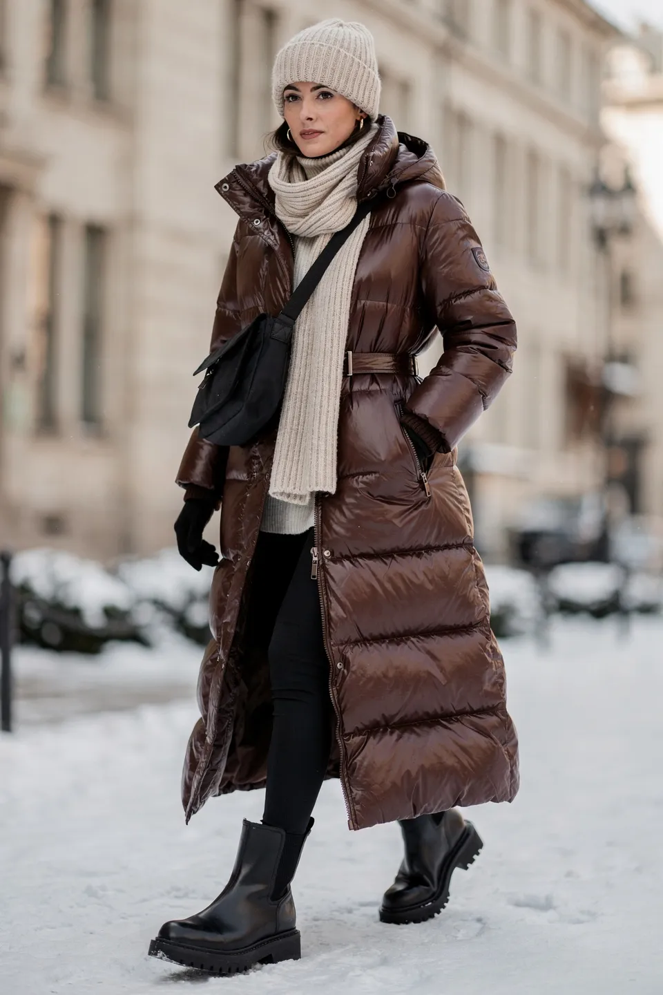 Glossy Chocolate Brown Long Puffer Coat with Beige Scarf and Black Chelsea Boots