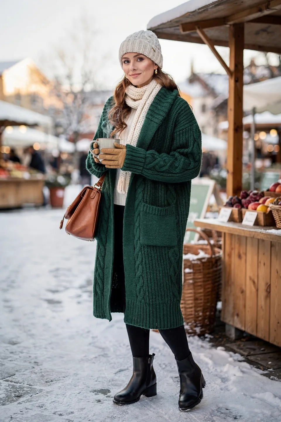 Emerald Green Chunky Cable Knit Long Coat with Cream Beanie and Scarf