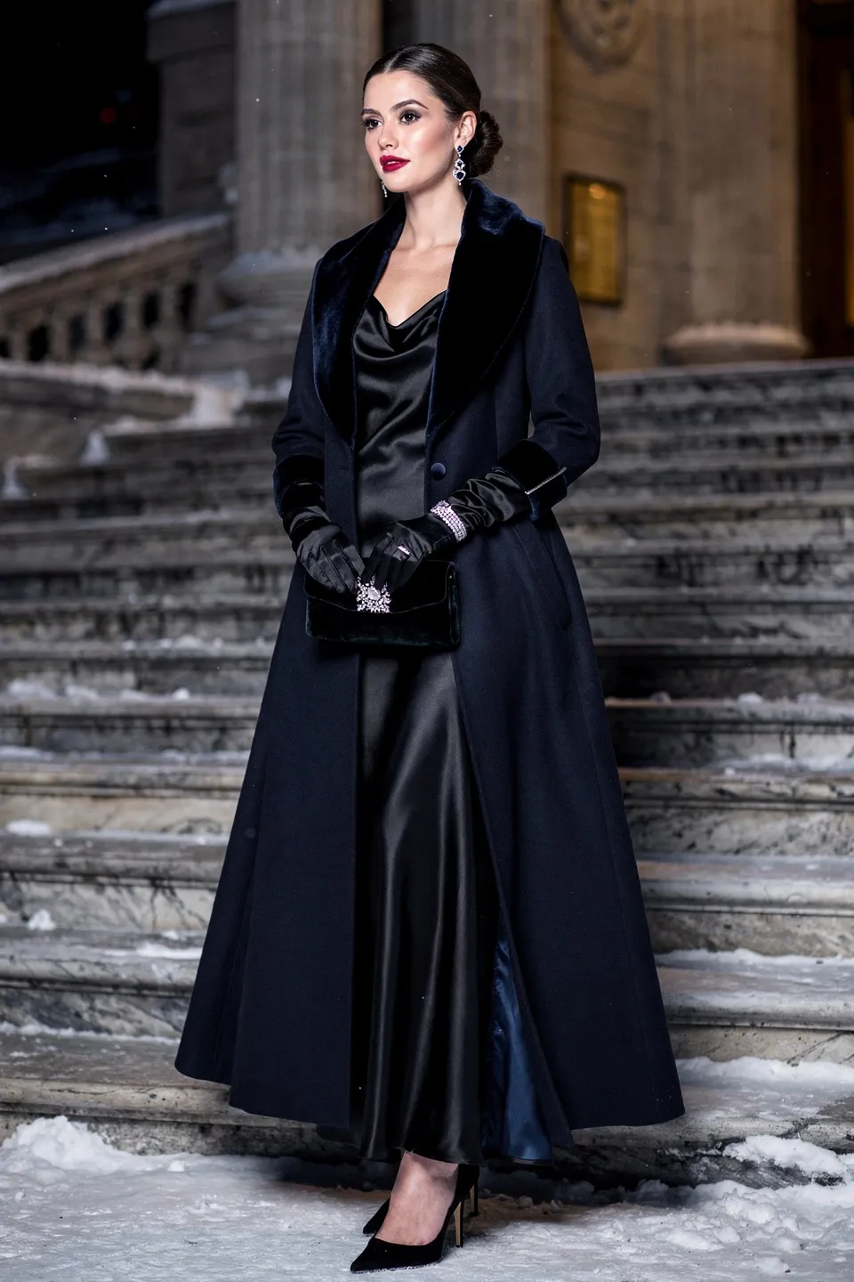 Midnight Navy Velvet Collar Evening Coat with Black Satin Gown