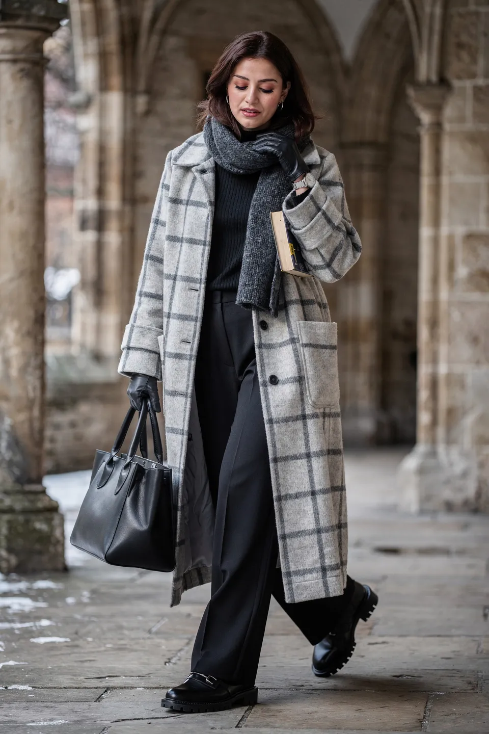 Light Grey Windowpane Long Coat with Charcoal Scarf and Black Wide Leg Trousers