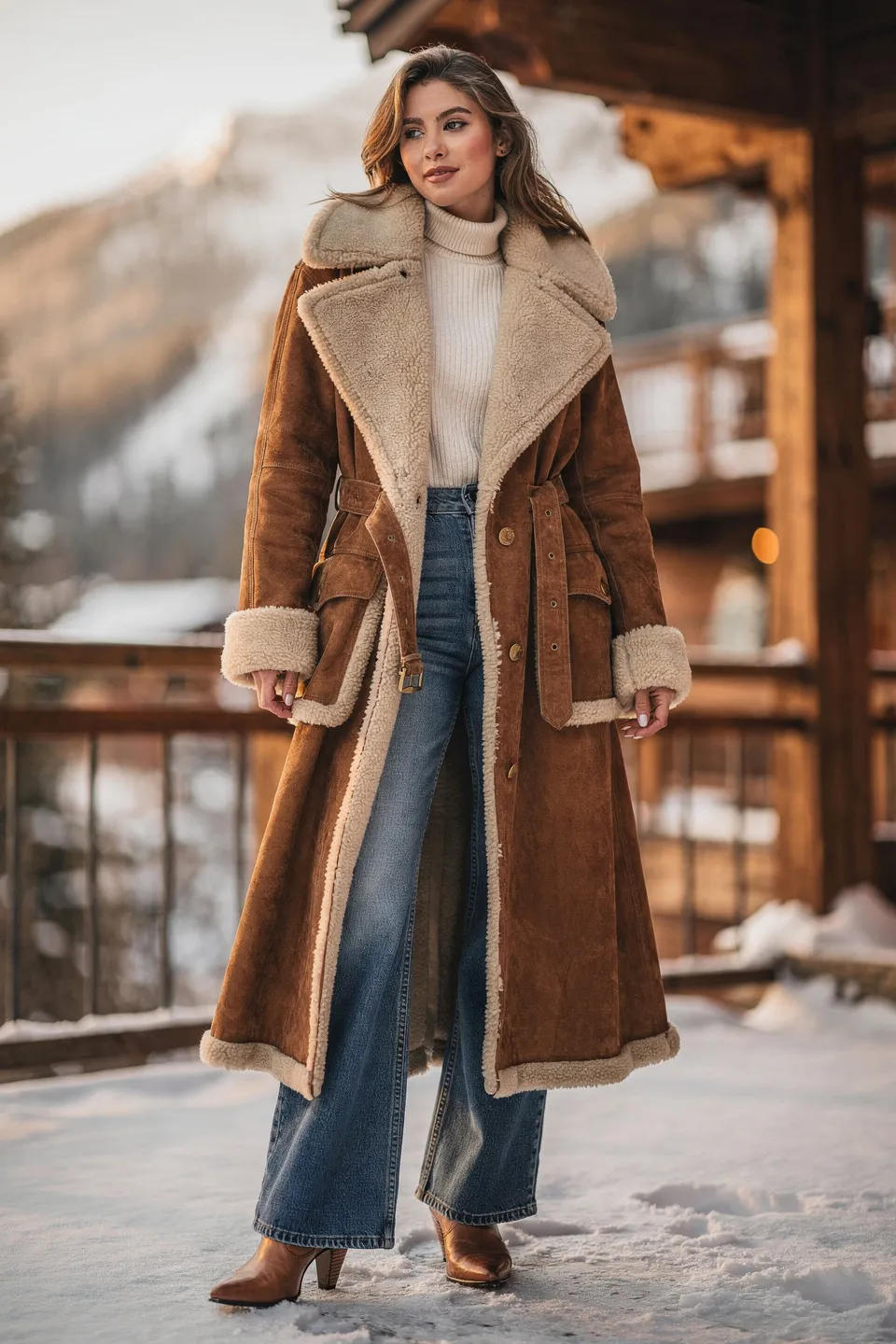 Tan Suede Shearling Long Coat with Cream Turtleneck and Flared Jeans
