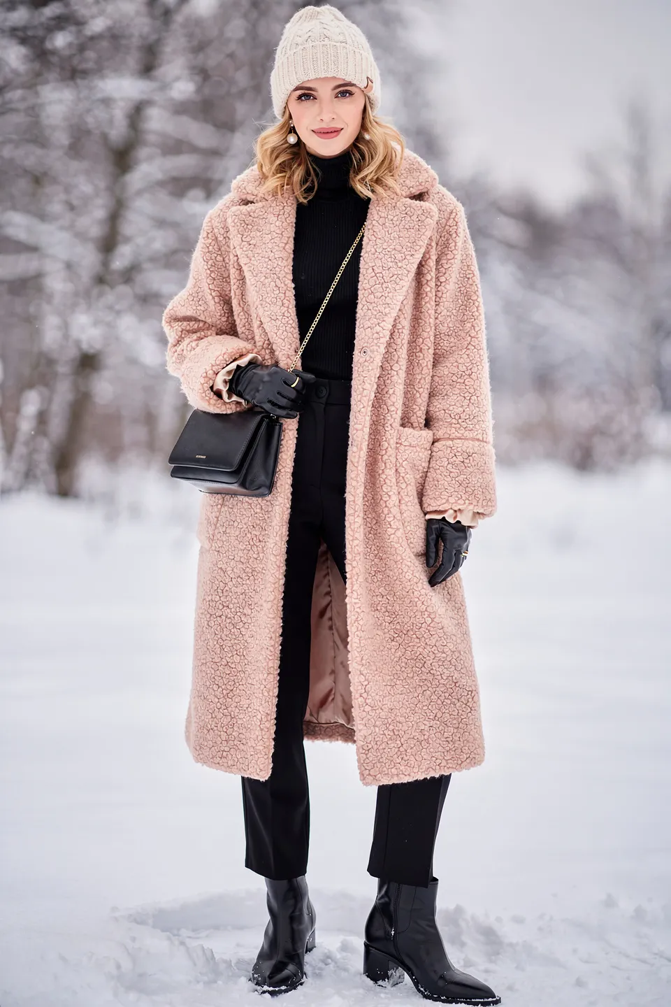 Blush Pink Teddy Long Coat with Black Turtleneck and Cream Beanie