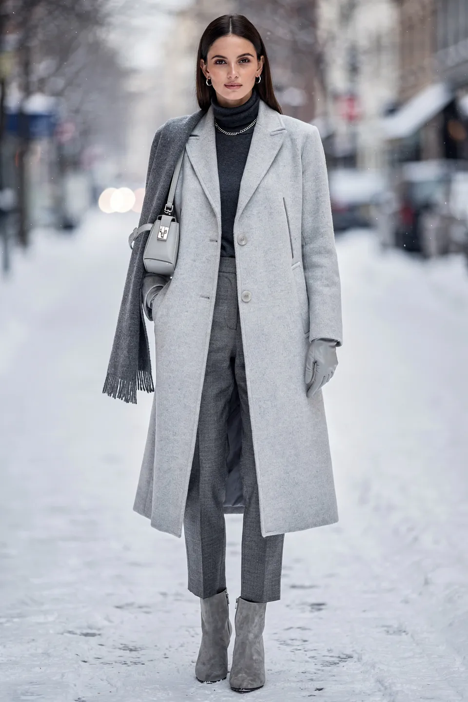 Light Grey Wool Long Coat with Charcoal Turtleneck and Grey Suede Boots