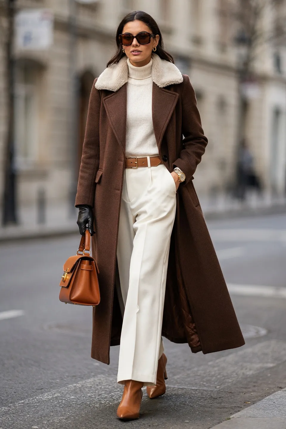 Chocolate Brown Maxi Coat with Shearling Collar and Cream Wide Leg Trousers