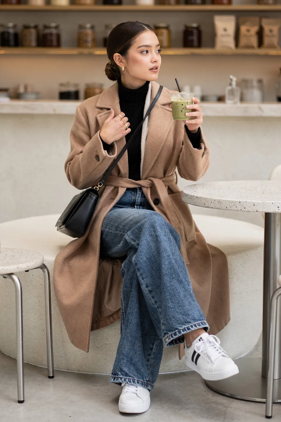 Camel Belted Long Coat with Black Turtleneck, Wide Leg Jeans and White Sneakers