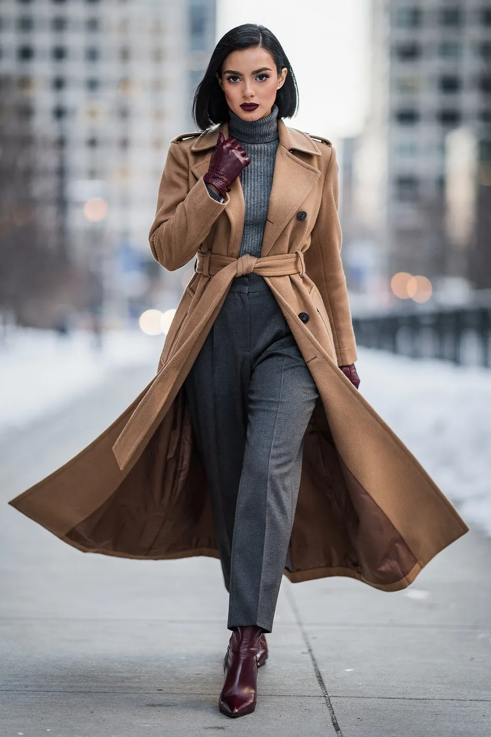 Camel Trench Coat and Burgundy Accents Look