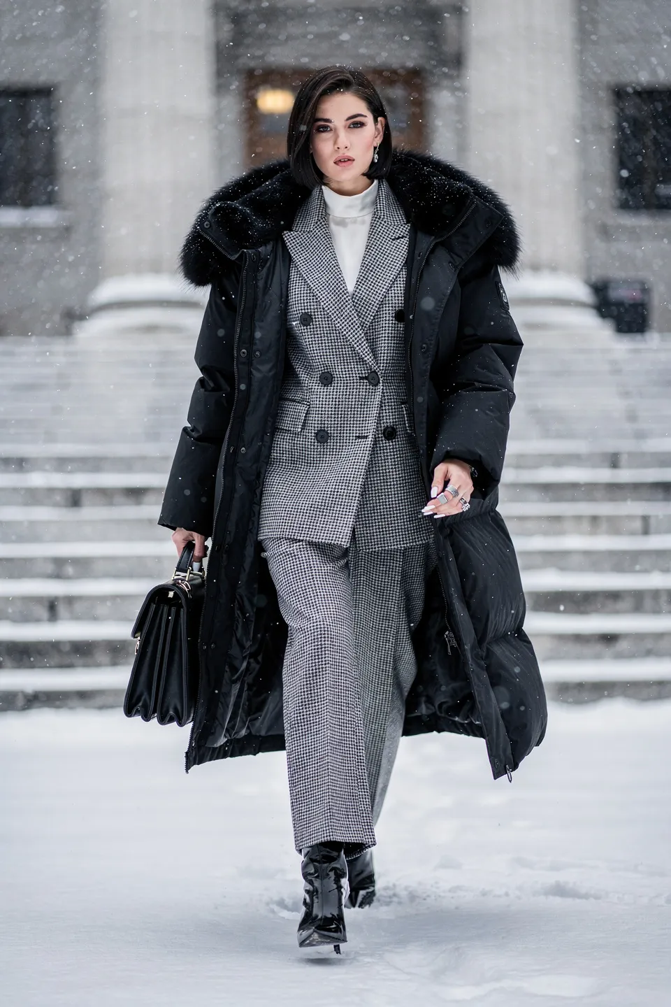 Black Puffer Coat and Houndstooth Suit Look