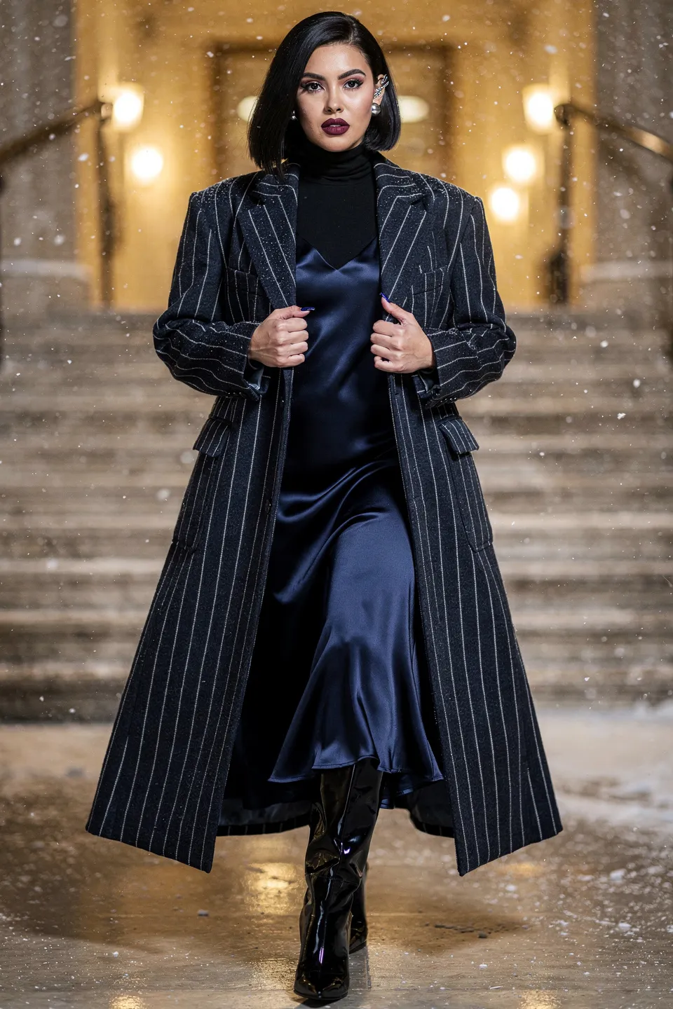 Pinstripe Coat and Navy Satin Slip Look