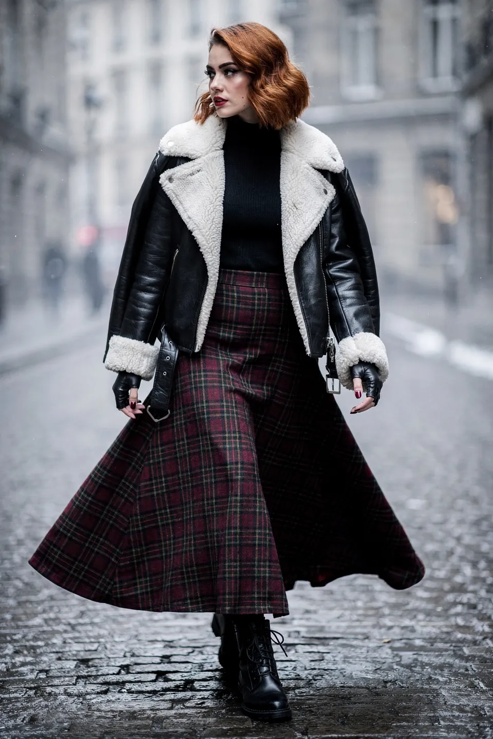 Shearling Moto Jacket and Tartan Skirt Look