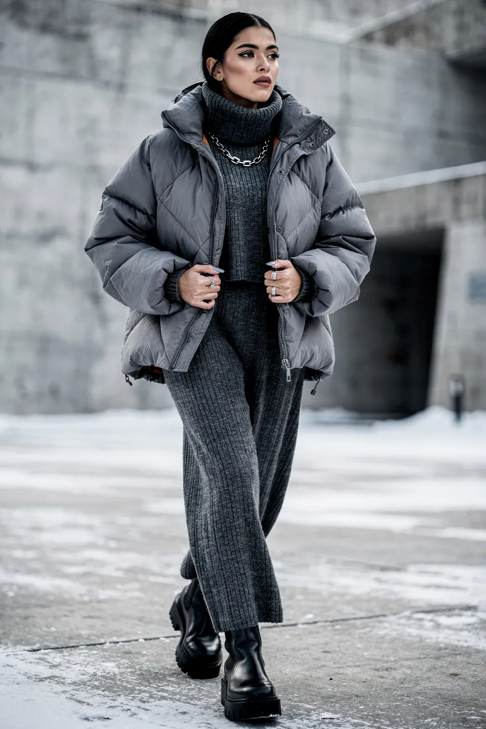 Gray Puffer and Knit Set Look