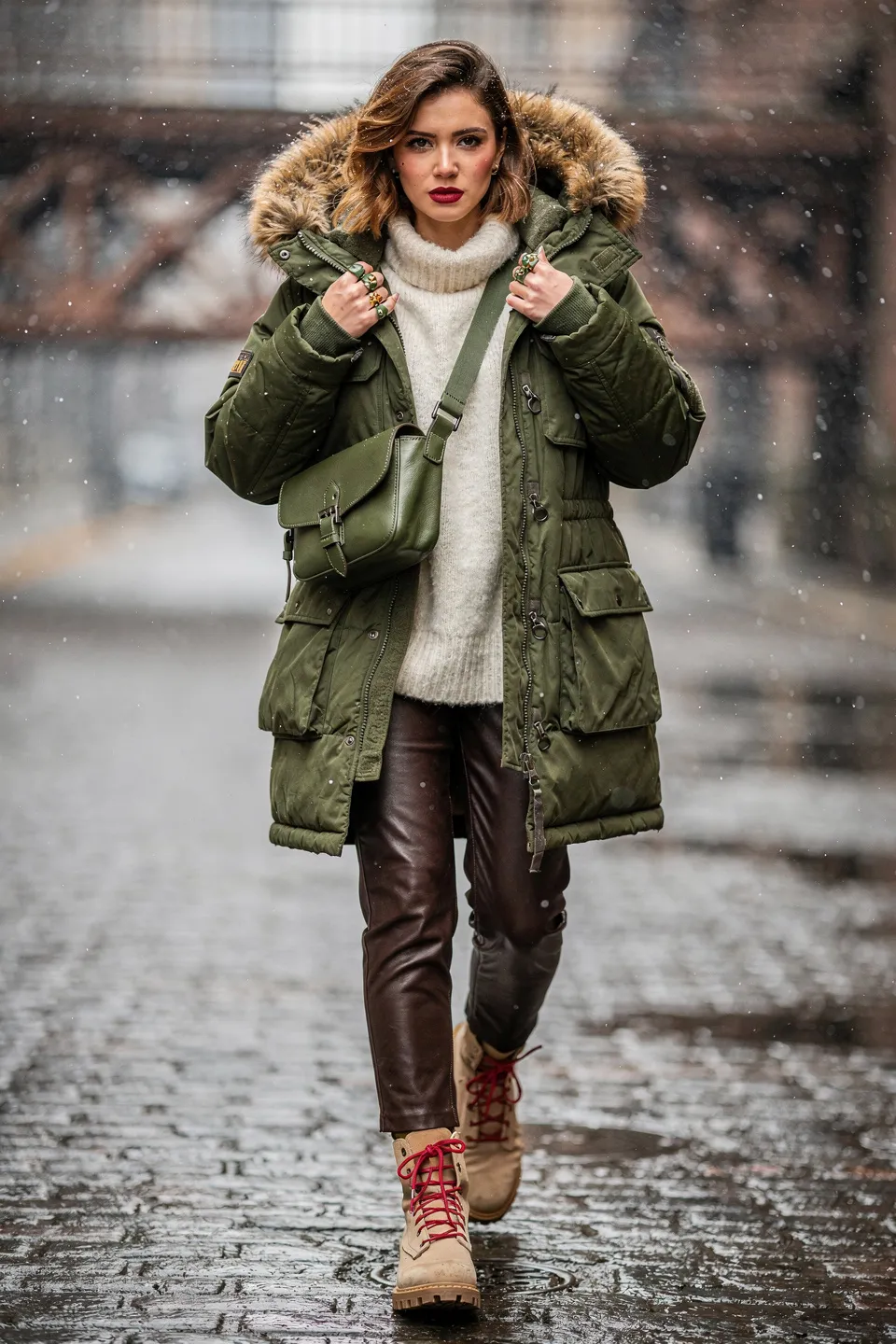 Olive Parka and Leather Pants Look