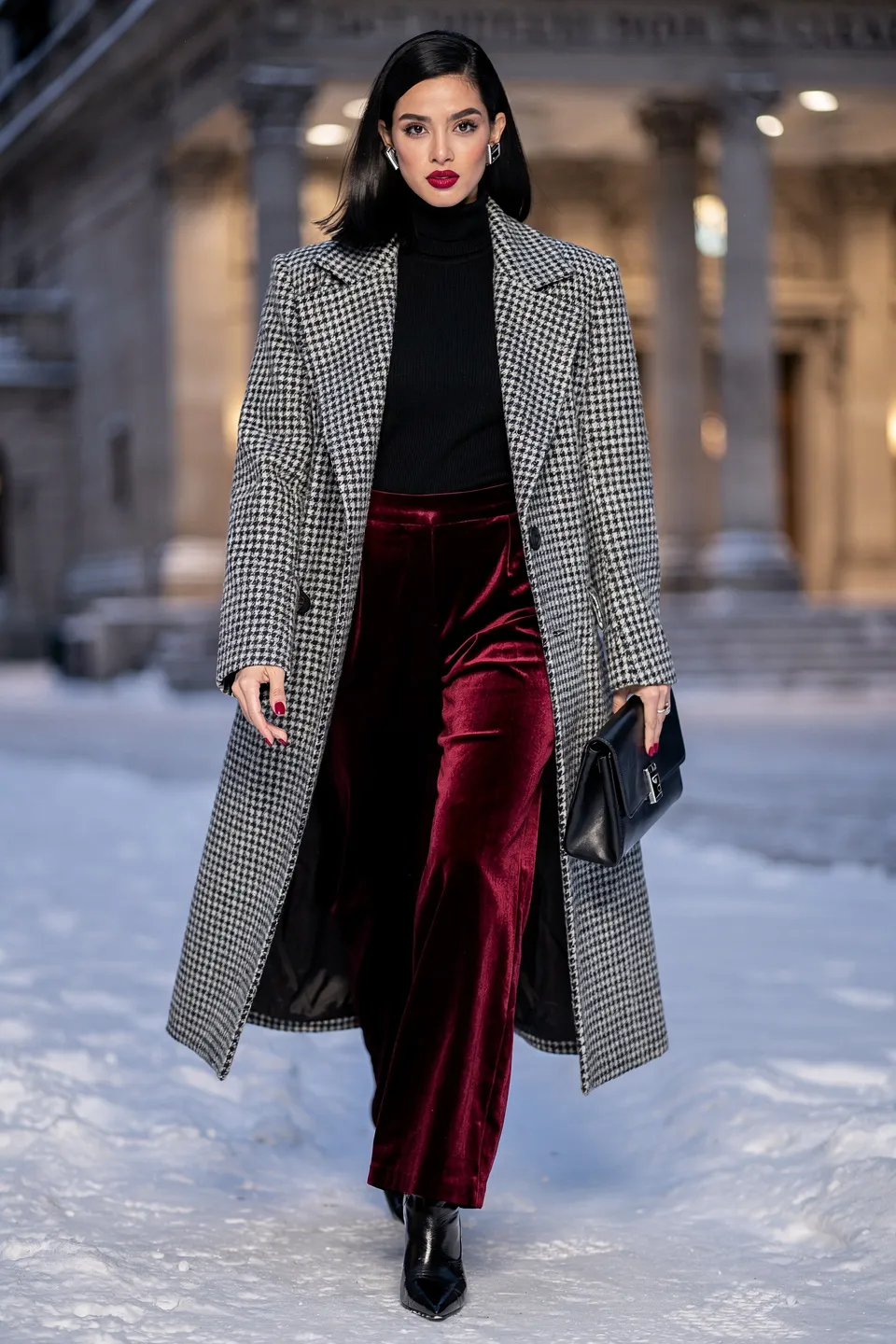 Houndstooth Coat and Burgundy Velvet Look