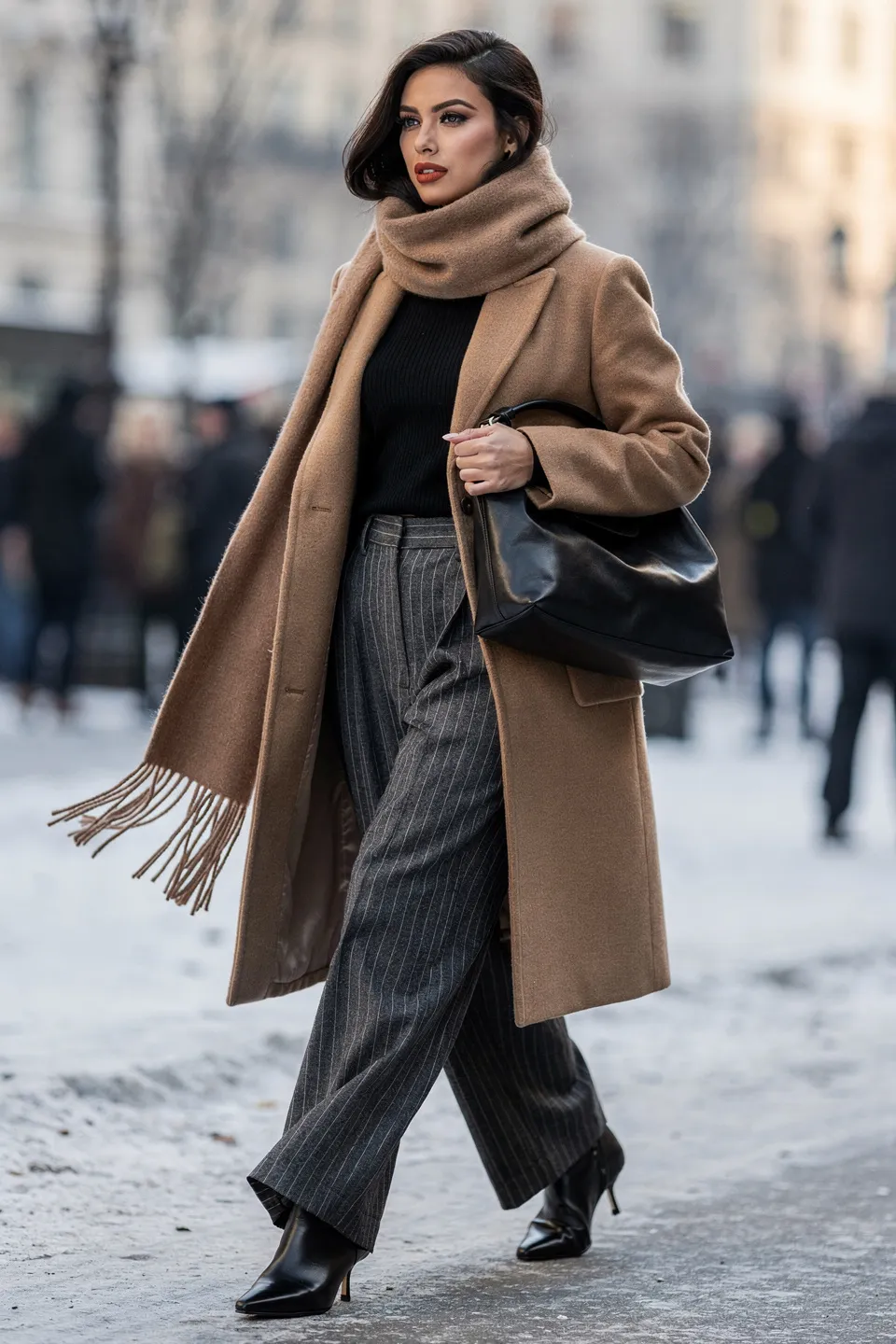 Camel Coat and Pinstripe Trousers Look