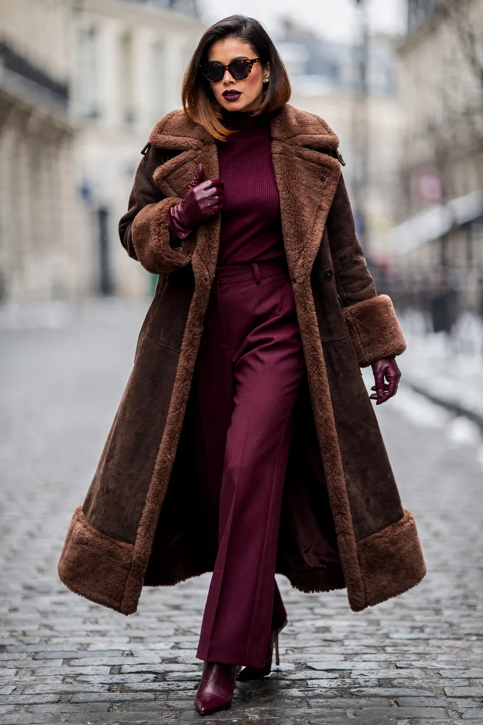 Brown Shearling Coat and Burgundy Set Look