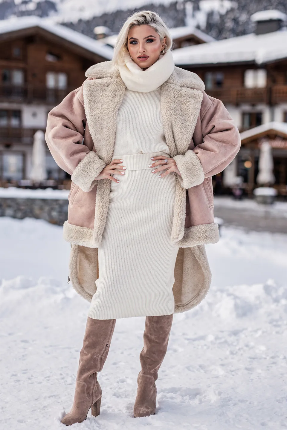 Blush Shearling Coat and Cream Knit Set Look