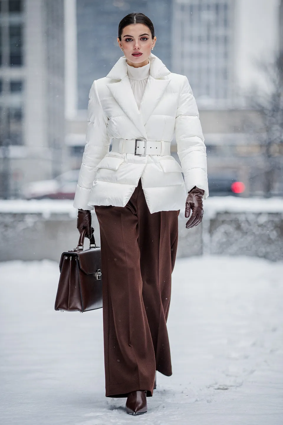 Belted White Puffer Blazer with Chocolate Wide Leg Trousers