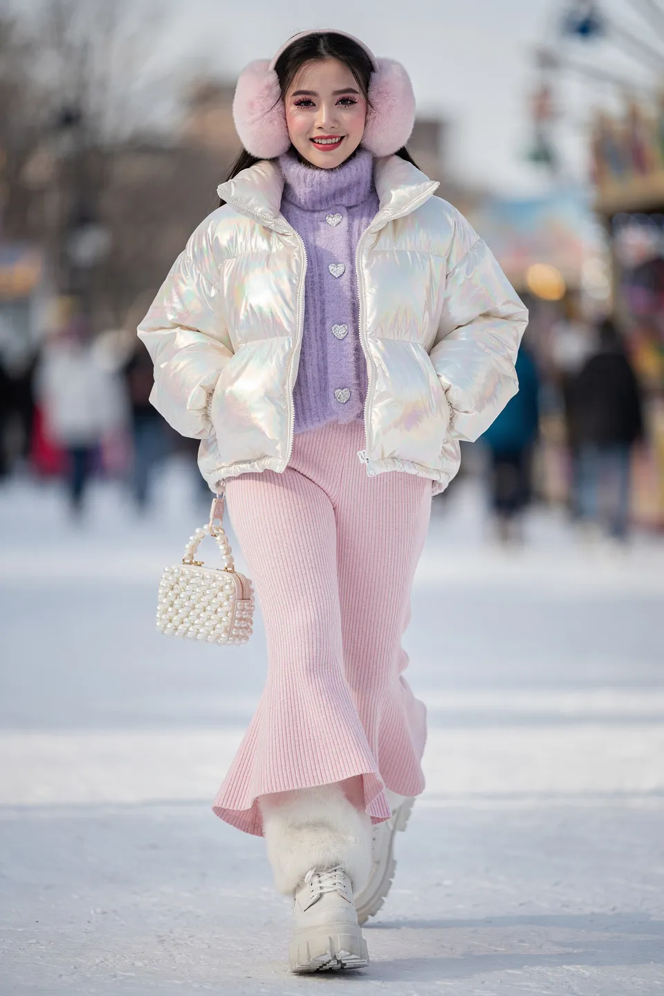 Pastel Pearl Puffer with Lavender Knit and Pink Flare Pants
