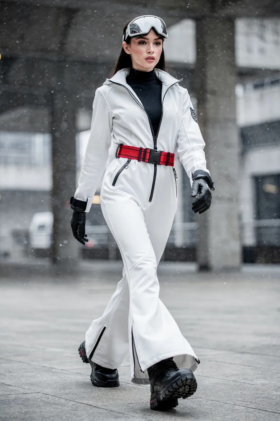 White Alpine Jumpsuit with Red Utility Belt