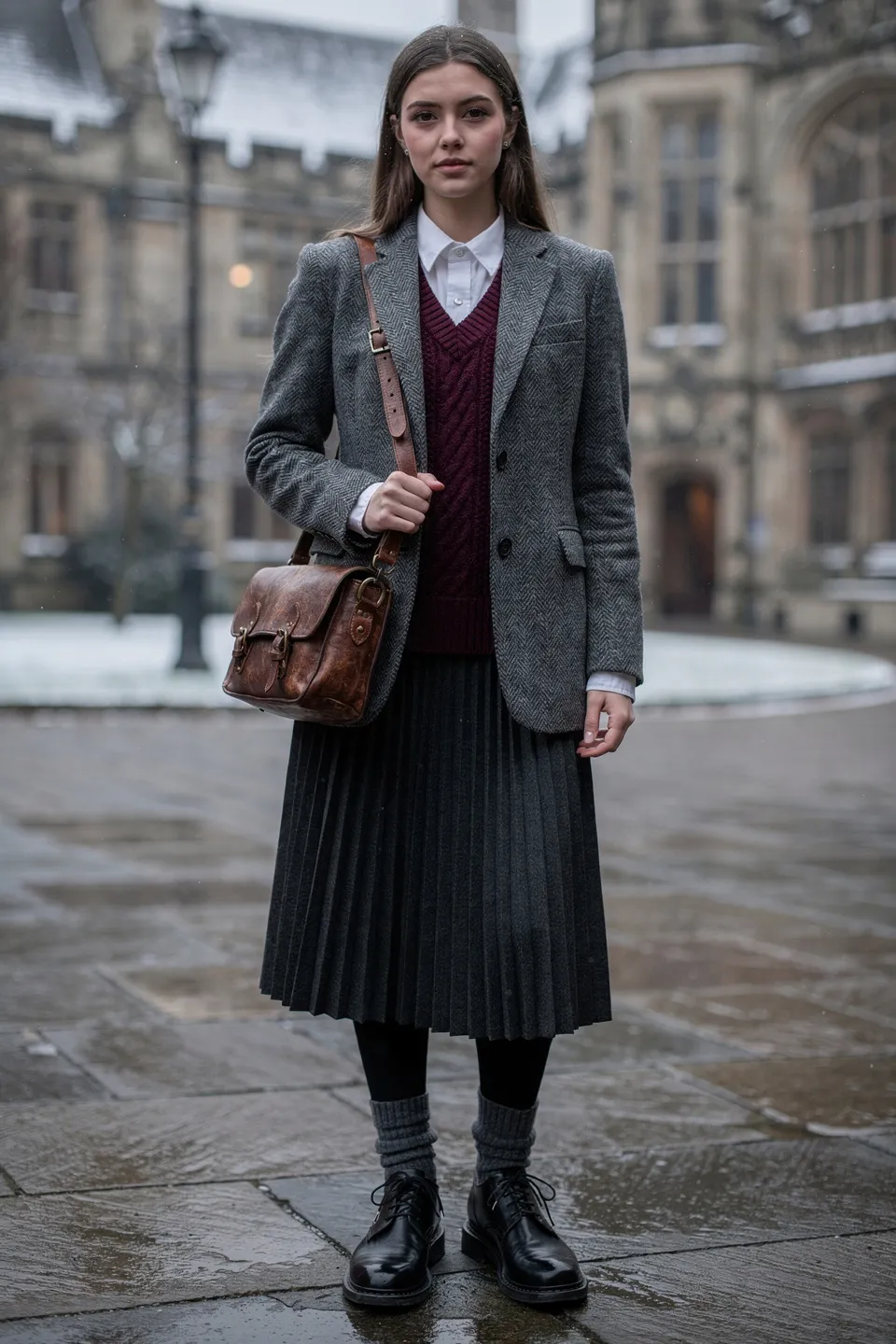 Dark Academia Tweed Blazer with Burgundy Sweater Vest