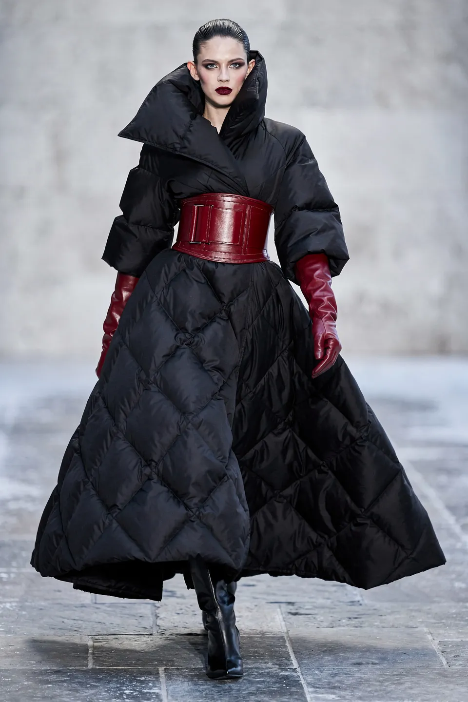 Black Quilted Puffer Gown with Burgundy Corset Belt