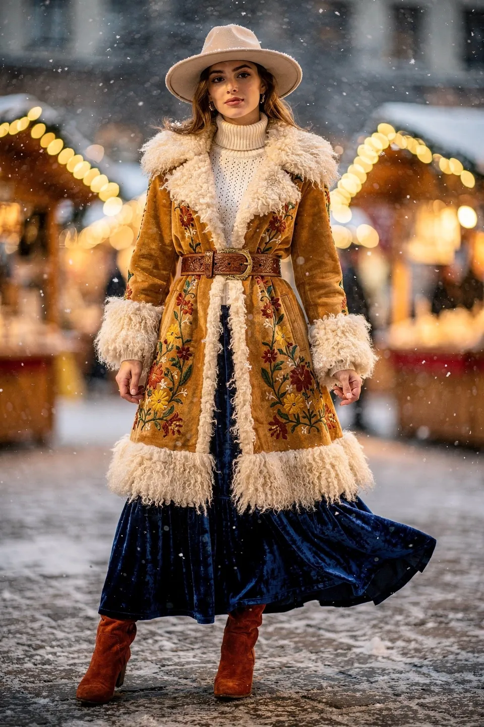 Bohemian Embroidered Shearling Coat with Navy Velvet Skirt