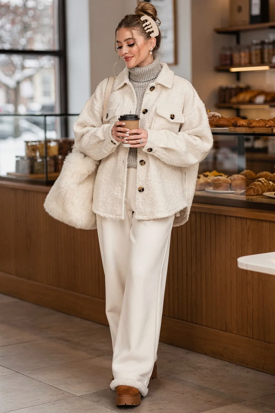 Vanilla Girl Cream Shacket with Wide Leg Trousers