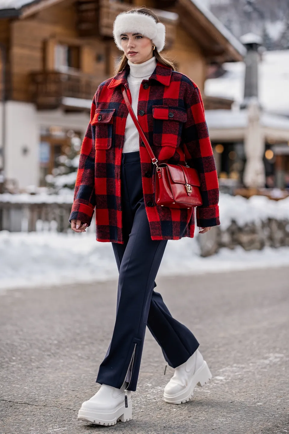 Red Buffalo Plaid Shacket with Navy Zip Hem Trousers