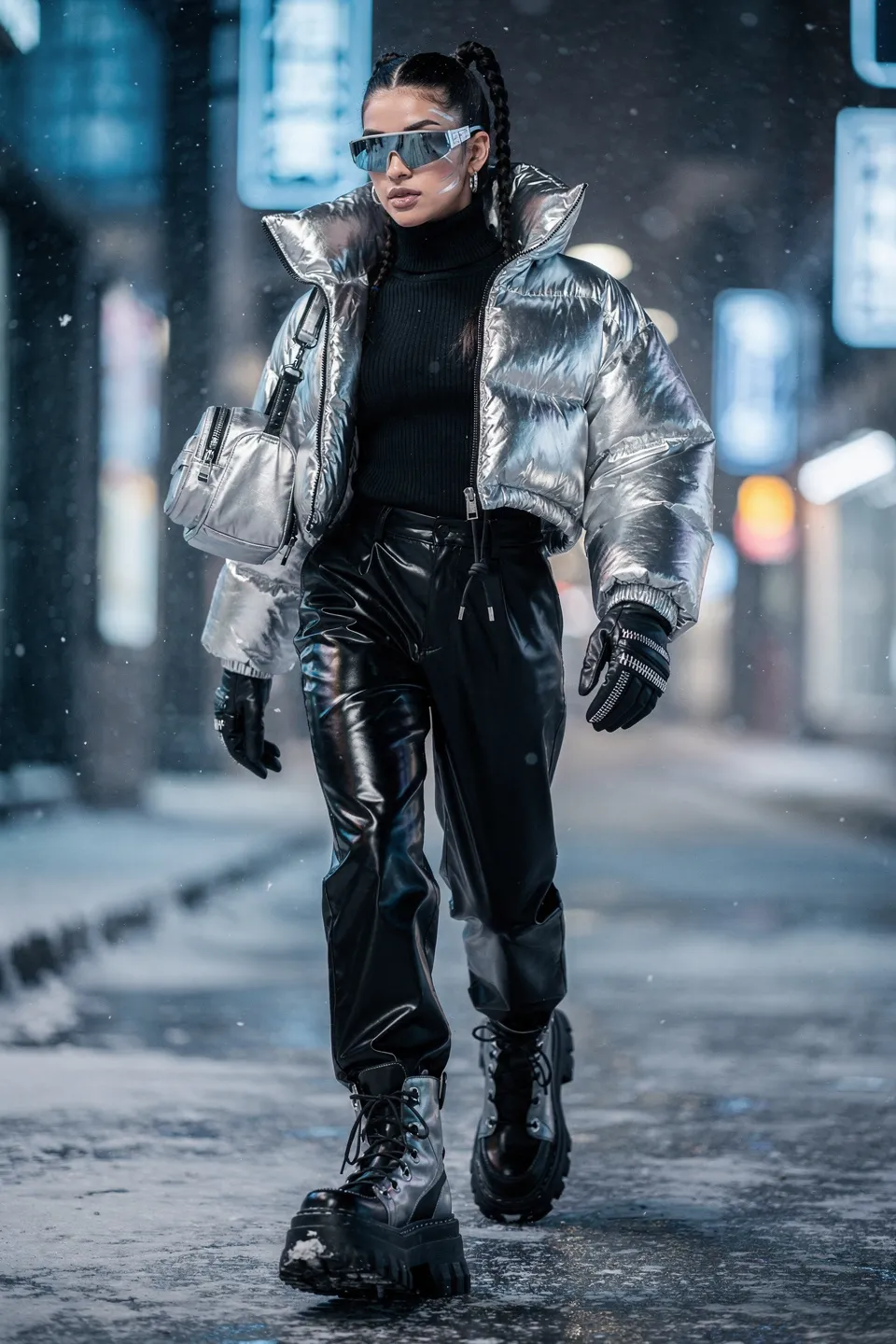 Y2K Silver Metallic Puffer with Black Vinyl Pants