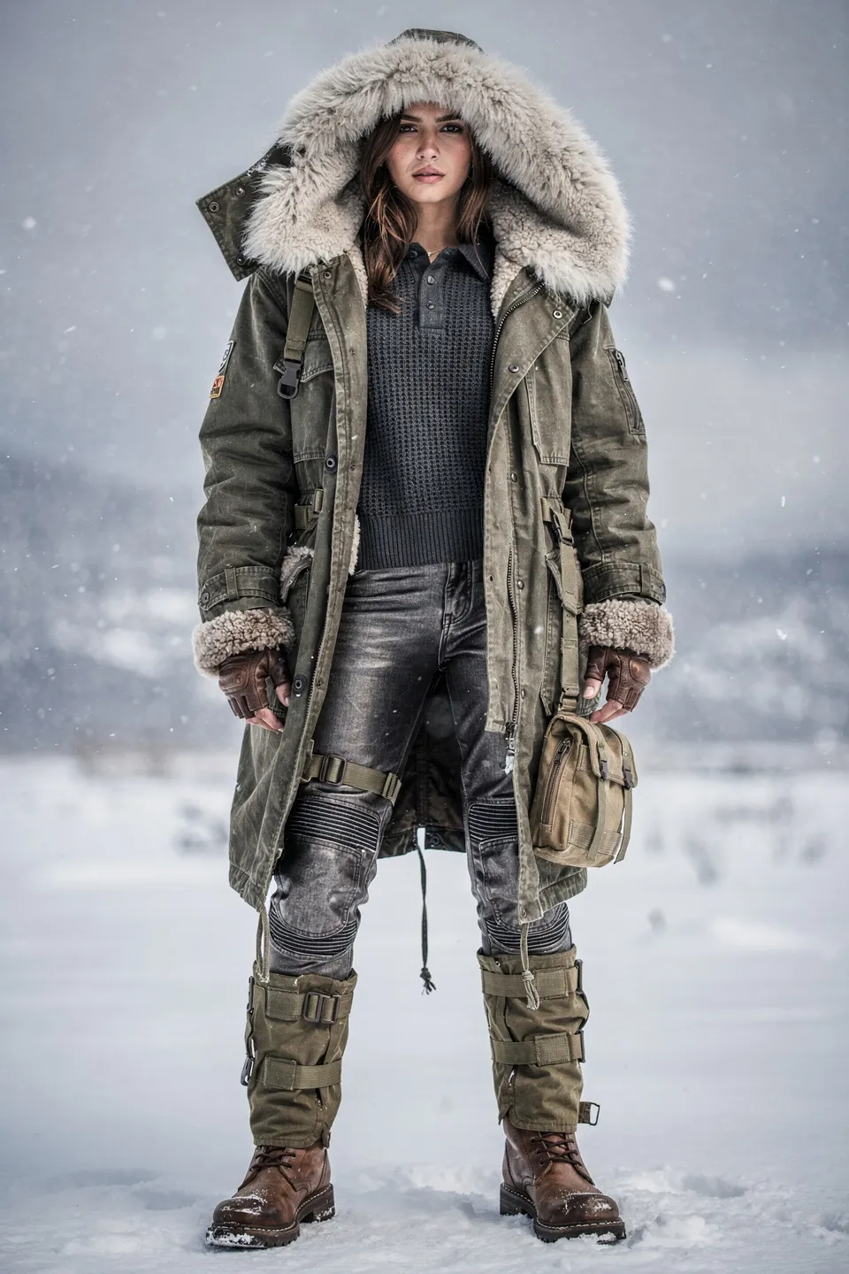 Post Apocalyptic Olive Parka with Shearling Hood and Utility Gear