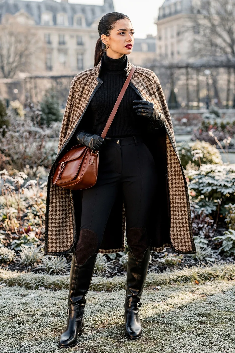 Houndstooth Wool Cape with Riding Pants and Tall Boots