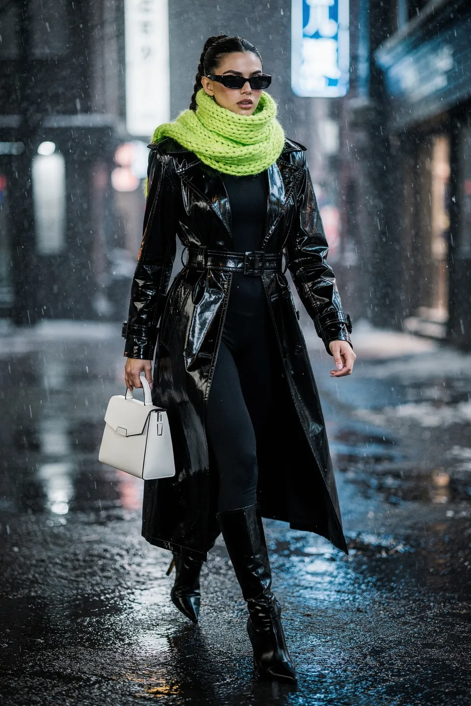 Cyberpunk Black Vinyl Trench with Neon Green Scarf