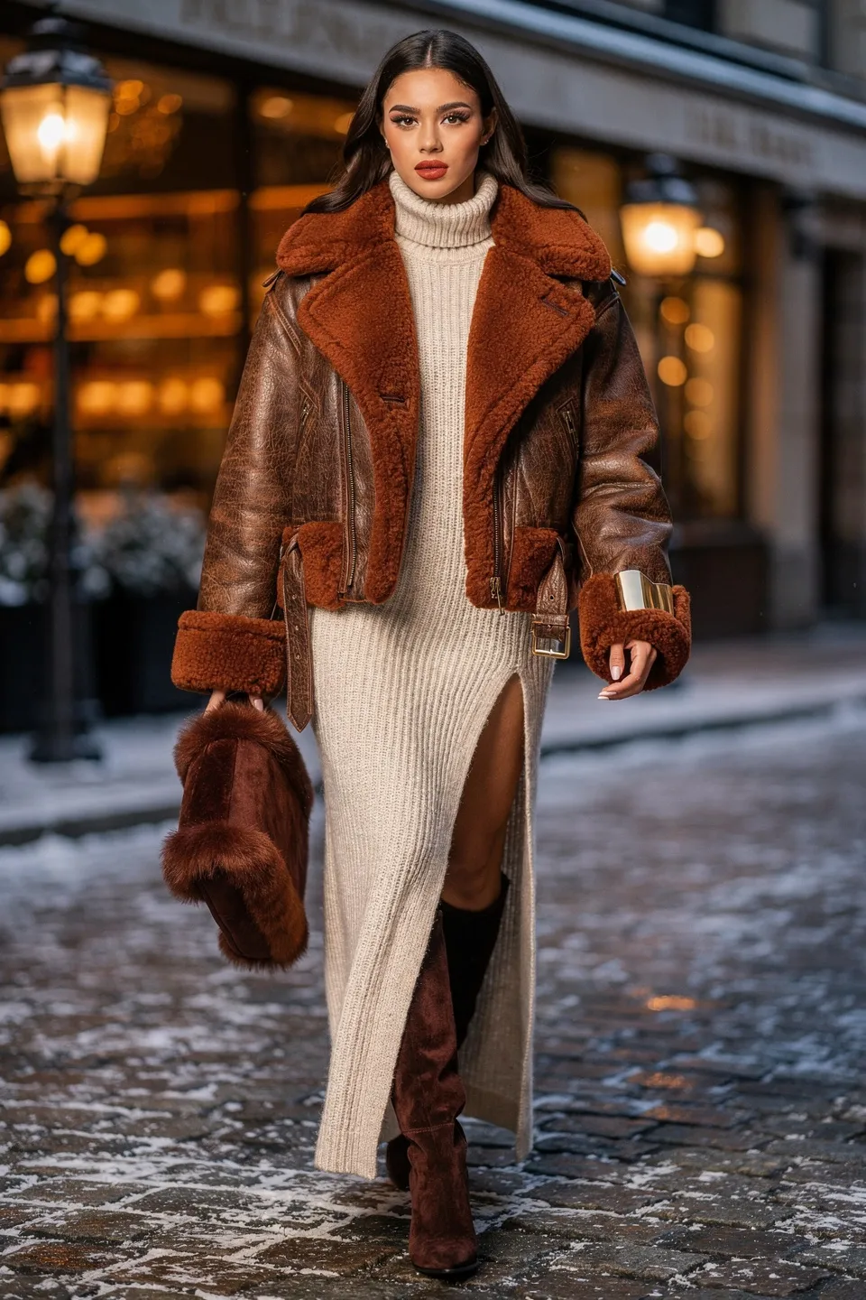 Cream Sweater Dress with Rust Shearling Biker Jacket