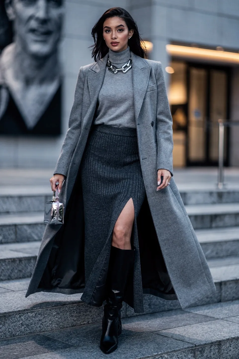 Gray Floor Length Wool Coat with Ribbed Midi Skirt