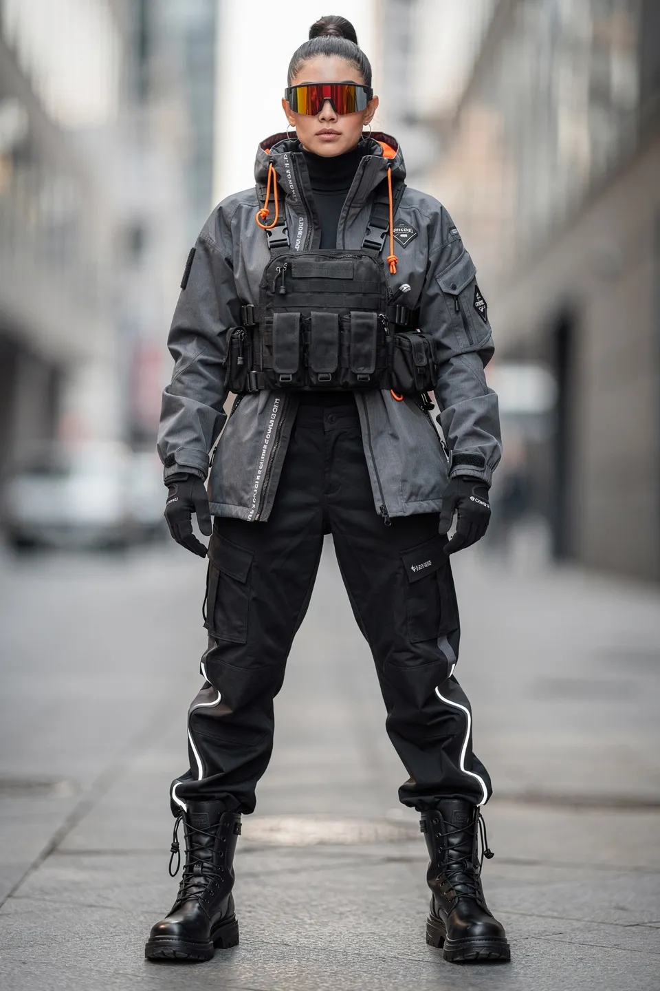 Techwear Shell Jacket with Utility Vest and Reflective Cargo Pants