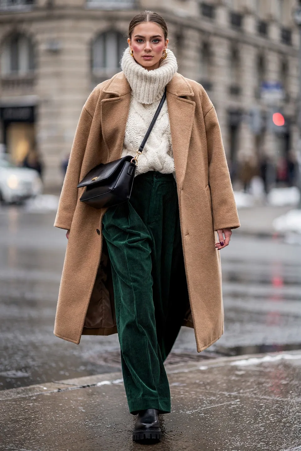 Camel Wool Coat with Cream Cable Knit and Green Corduroy Pants