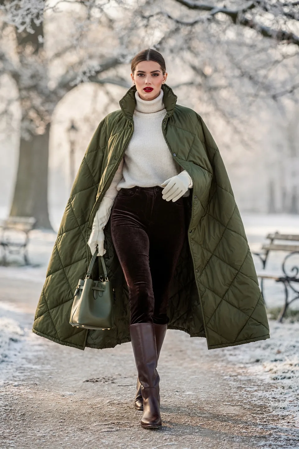 Olive Quilted Riding Cape with Velvet Pants and Tall Boots