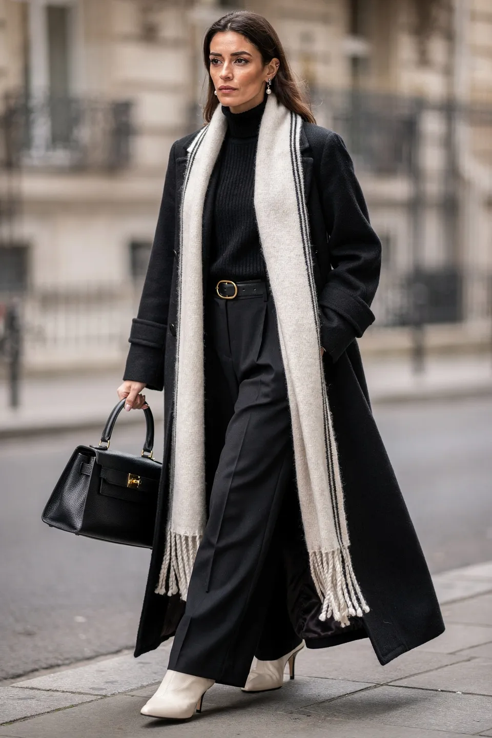 Black Wool Long Coat with Striped Cream Scarf and Ivory Ankle Boots