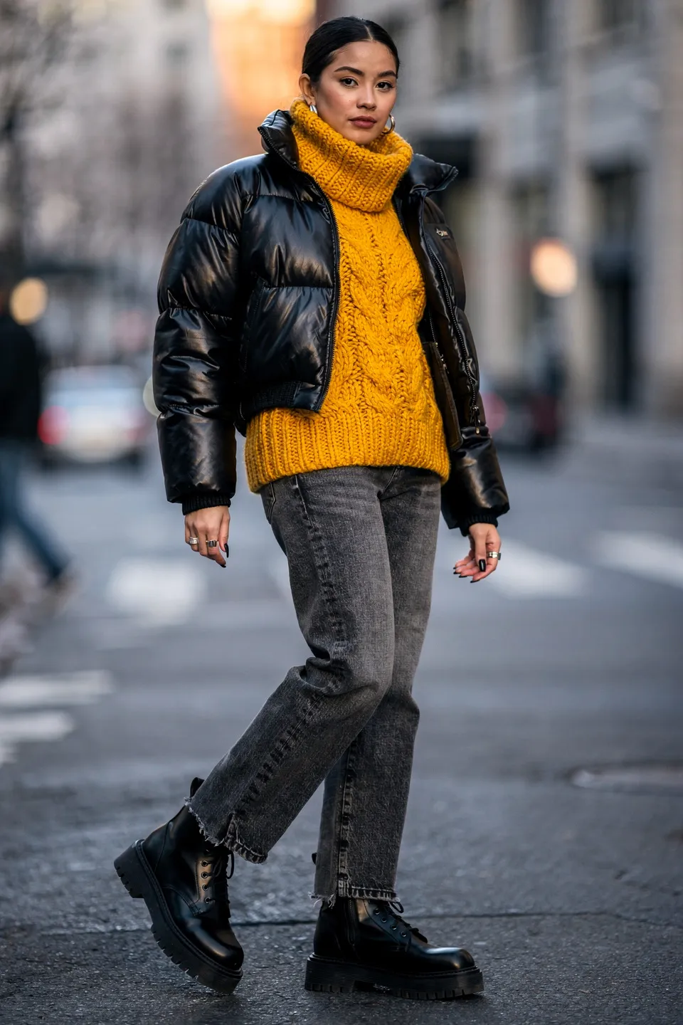 Mustard Knit and Black Puffer Look