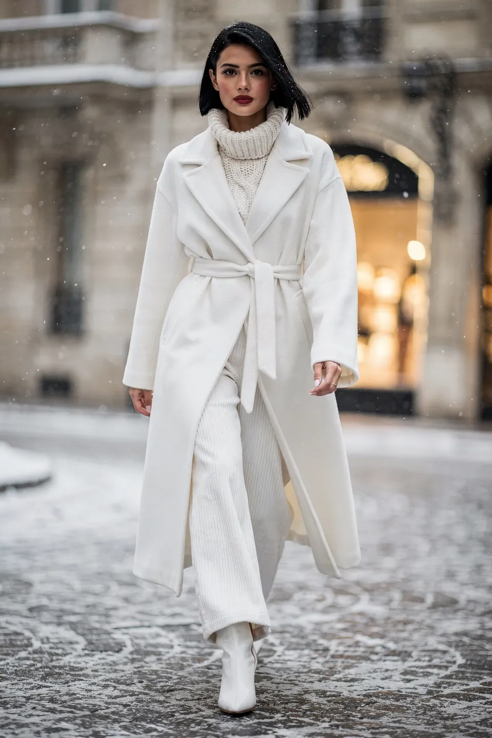 White Belted Coat and Corduroy Trousers Look